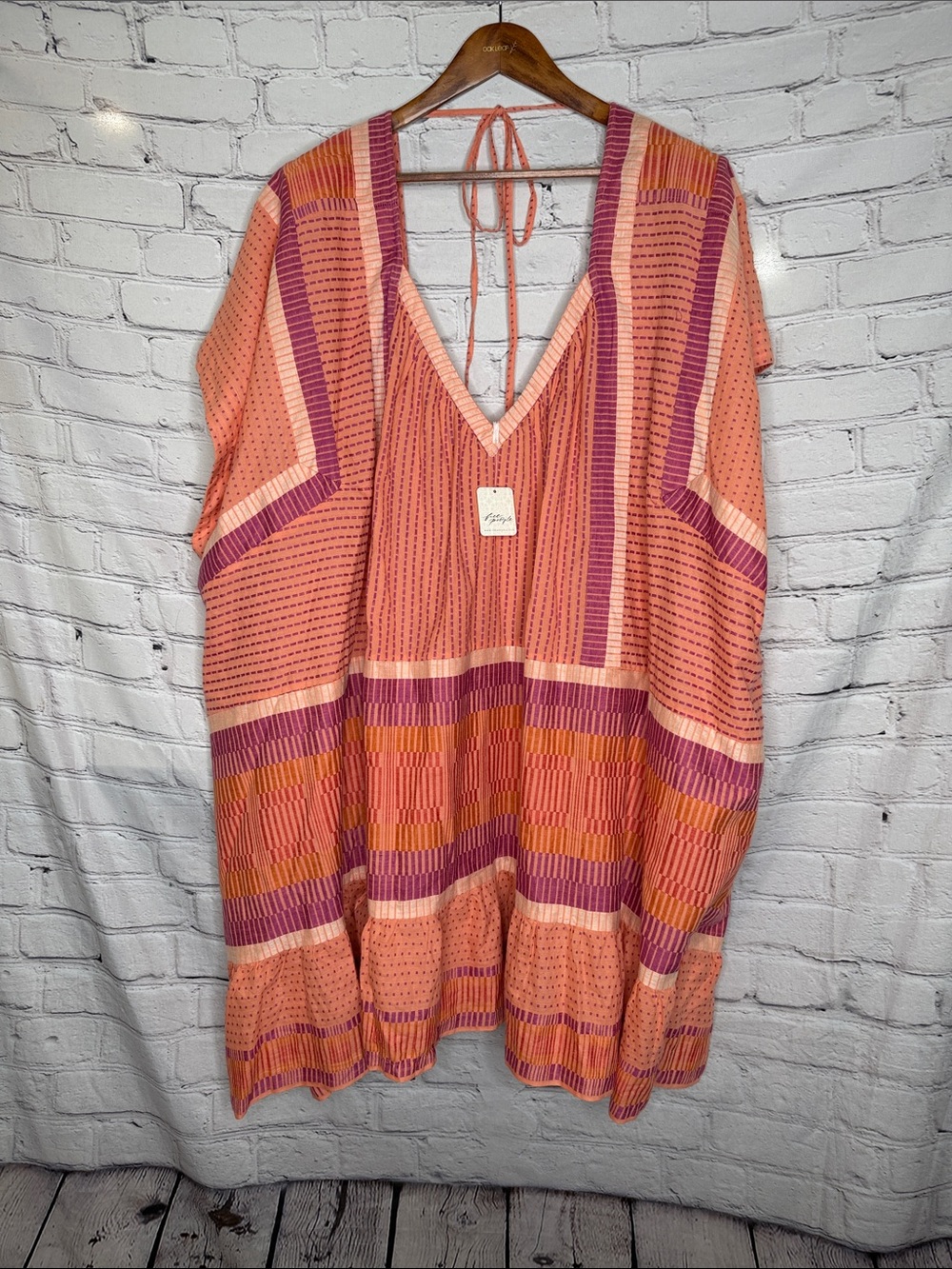 Free People Peach & Pink Striped V-Neck Over Sized Caftan Tunic Dress Size Large